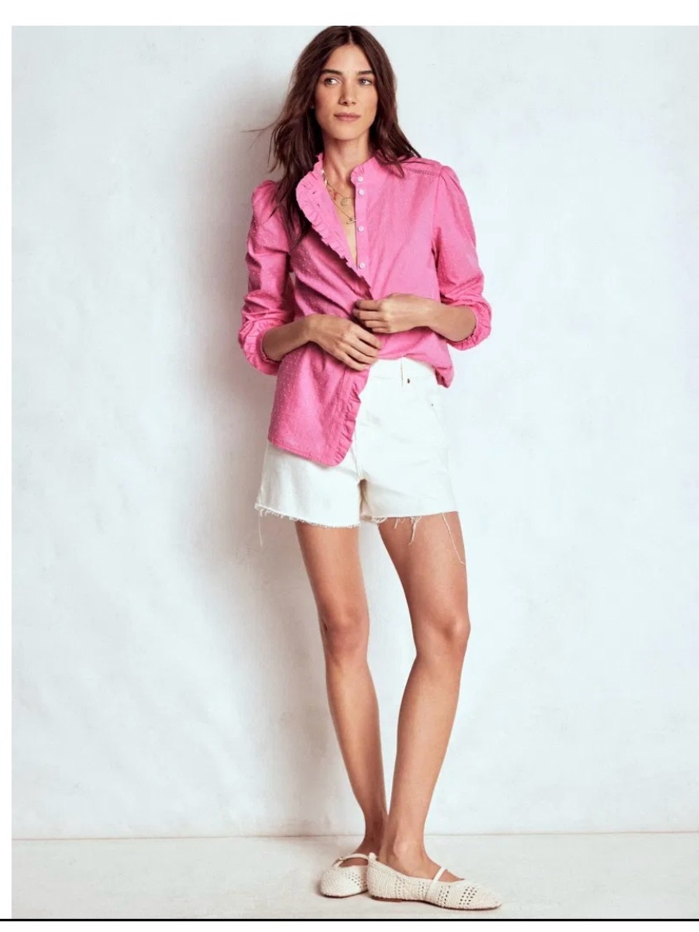 Boden Pink Button-Down Ruffled Collar Shirt Helena Cotton Dobby Top SZ:8